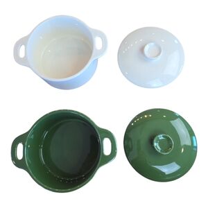 Brocc Your Body NIB Mini Round Ceramic Cocotte Set of Two White & Green 18.6 oz